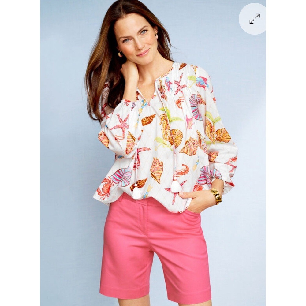 Talbots Pintuck Tie Front Top Size‎ XS Underwater World Seashell Coastal Beachy